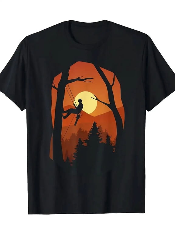 % Cotton Forest Chainsaw Pattern-Shirt Men- Casual Crew Neck Short Sleeve, Lightweight and Breathable, Black with Vibrant Swing Design, Casual Wear or Gifts, Fashionable-Shirt