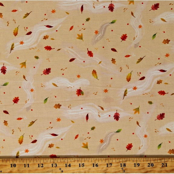 Cotton Forest Feast Fall Autumn Leaf Leaves Wind Blows Blown Wheat Cotton Fabric Print by the Yard (AKFD-22596-158-WHEAT) D513.83