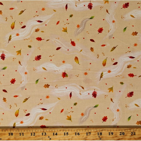 Cotton Forest Feast Fall Autumn Leaf Leaves Wind Blows Blown Wheat Cotton Fabric Print by the Yard (AKFD-22596-158-WHEAT) D513.83