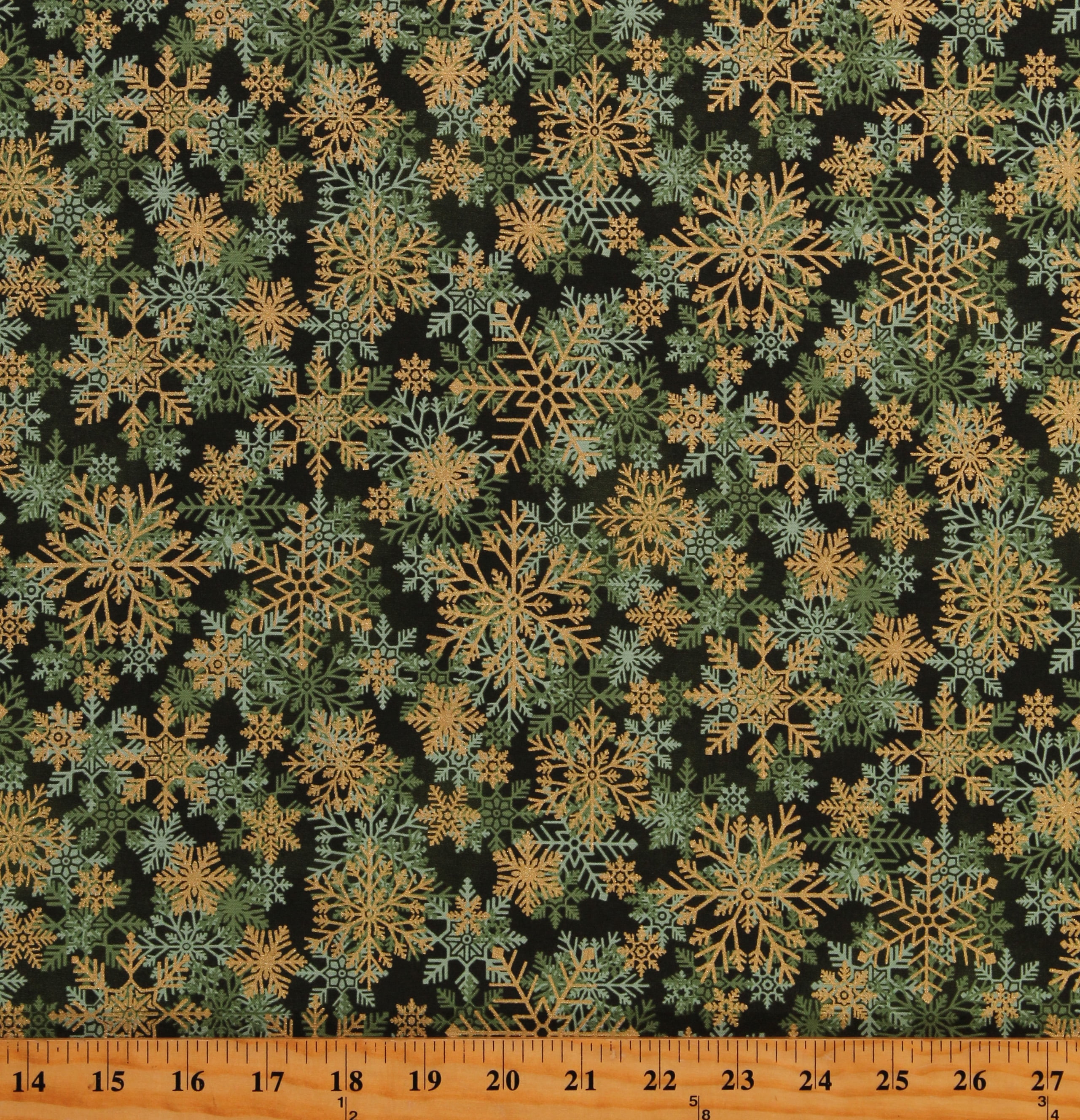 Cotton Forest Gold Snowflakes Snow Christmas Winter Holiday Seasonal Metallic Green Cotton Fabric Print by the Yard (W5361-44.6)