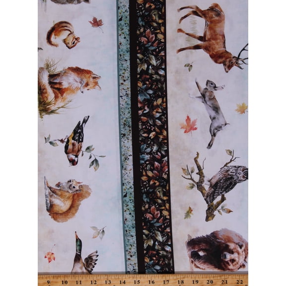 Cotton Forest Woodland Animals Stripes Plants Trees Foxes Squirrels Deer Bears Birds Multicolor Cotton Fabric Print by the Yard (V5205-16-SKY)