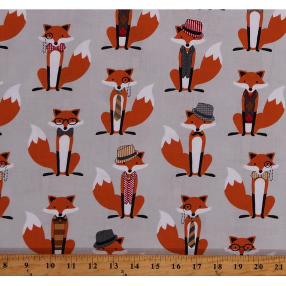 Cotton Fox and the Houndstooth Dressed-up Foxes Woodland Animals on Gray Cotton Fabric Print by the Yard (AHE-14422-12GREY)