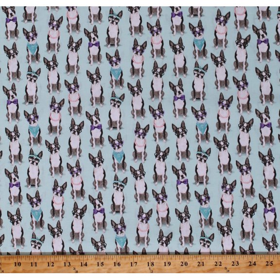 Cotton French Bulldogs Wearing Clothing Accessories Sunglasses Necklaces Bandanas Bowties Headbands A Dog's Life Turquoise Cotton Fabric Print by the Yard (3WI18033-TRQ-CTN-D)