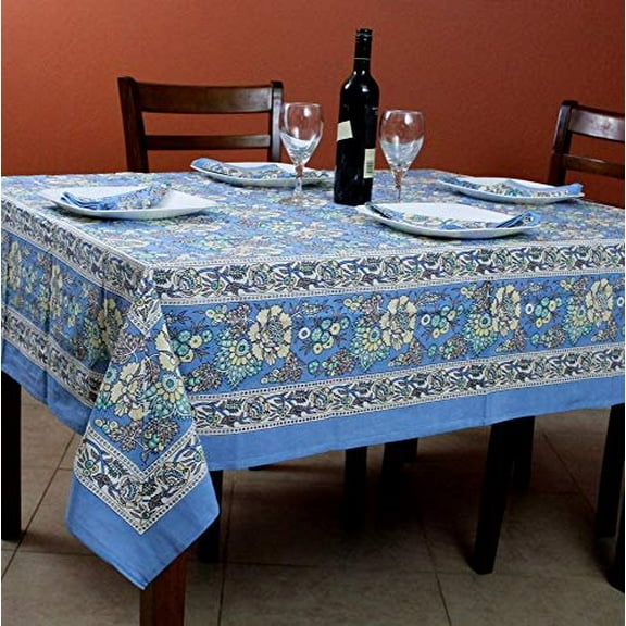 India Arts French Country Floral Print Tablecloth Square Cotton Table Linen Beach Sheet Beach Throw Blue, Tablelcoth 72 x 72 inches