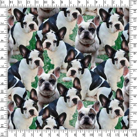 Cotton Frenchie Grass Packed Dogs Pets Cotton Fabric Print by the Yard D760.57