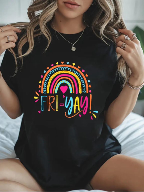 Cotton Fri-Yay Friday Rainbow Funny Teacher Tees Women Casual Graphic Daily T-Shirt
