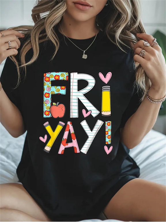 Cotton Fri-Yay Happy Friday Funny Weekend Teacher Back to School Casual Graphic Tee Lightweight Daily Wear T-Shirt