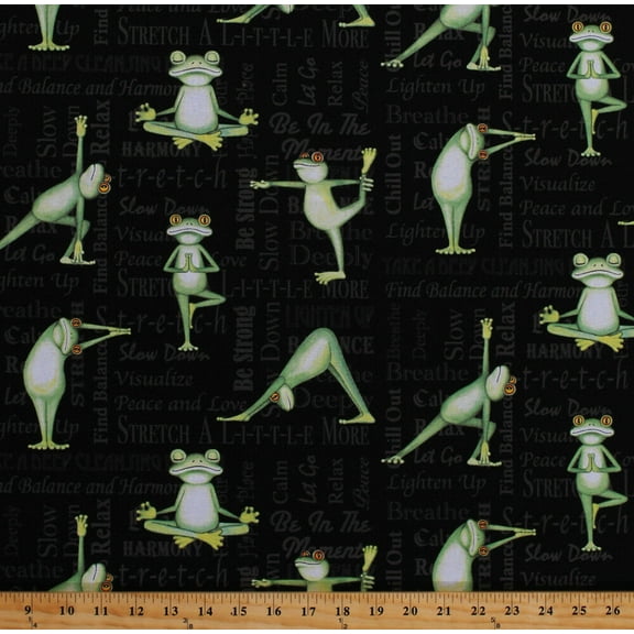 Cotton Frogs Yoga Frog Yoga Poses Stretches Stretching Exercise Amphibians Words Phrases Back In 5 Minutes Black Cotton Fabric Print by the Yard (AJW-11128-184CHARCOAL)