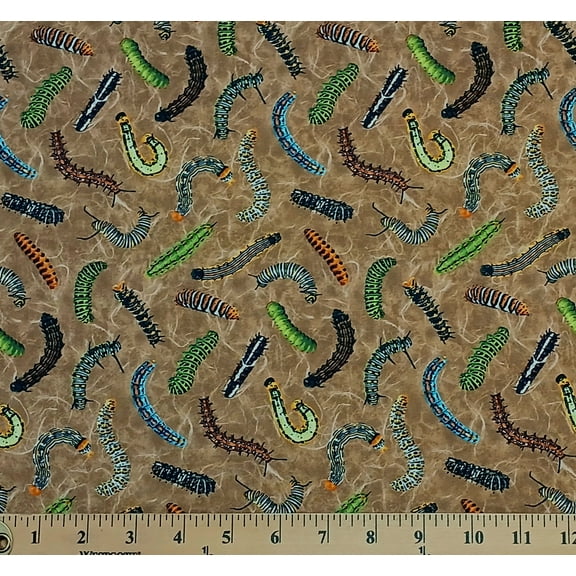 Cotton Frolicking Field Insect Bugs Caterpillars Brown Paintbrush Studio Cotton Fabric Print by the Yard (120-15412)