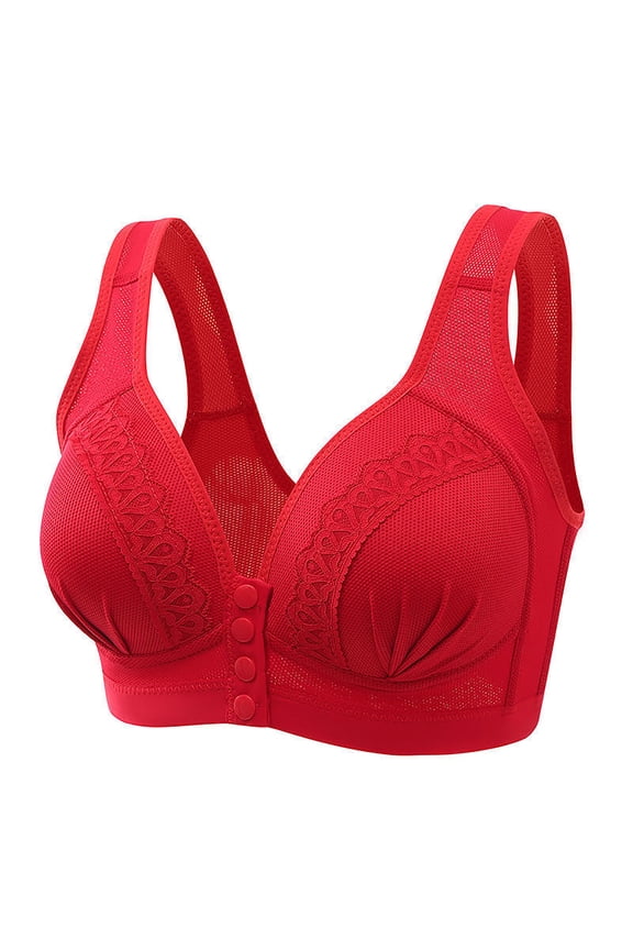 Cotton Front Closure Wireless Bra Ladies Full Coverage Wirefree Lace Plus Size Comfort Everyday Bra Racerback (X-Large, Red)