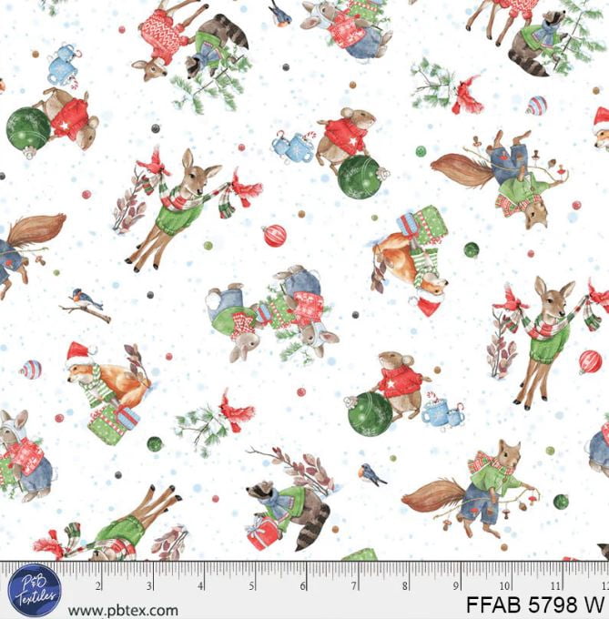 Cotton Frost & Fable Festive Scenic Animals Snow Winter Christmas Holiday Season P&B Textiles White Cotton Fabric Print by the Yard (FFAB-05798-W)