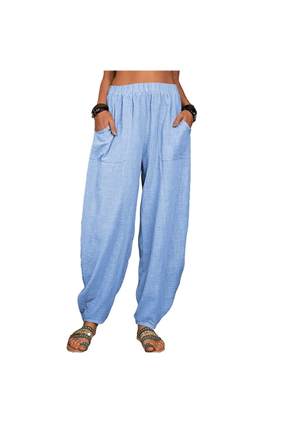 Cotton Full-Length Oversized Loose Fit Cargo Pants for Women Blue Sleepwear Weekend Elastic Solid Pockets Long Waist Casual Trousers 4XL