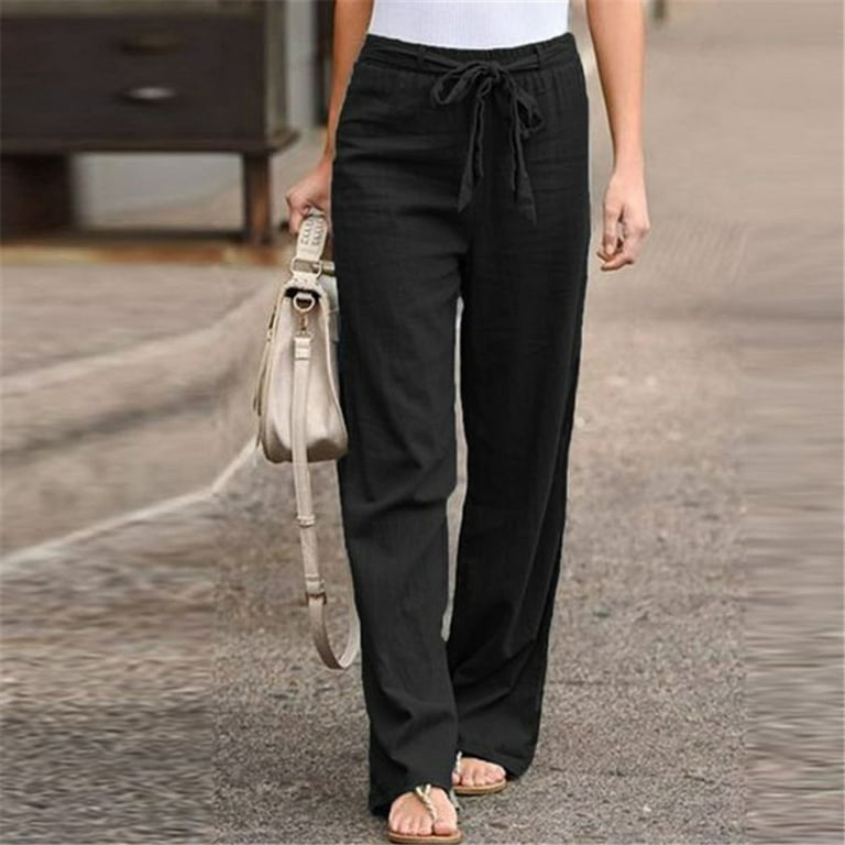 Black Womens Dress Pants for Work Womens Dress Pants Weekend Linen Work Clothes for Women 2024 Fashion Women Solid Cotton Linen Sashes Straight