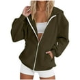 thumbnail image 1 of Cotton Full Zip Sweatshirt Jackets with Hood Womens Drawstring Long Sleeve Pockets Front Zipper Hoodie Fall Coat, 2XL Army Green, 1 of 4