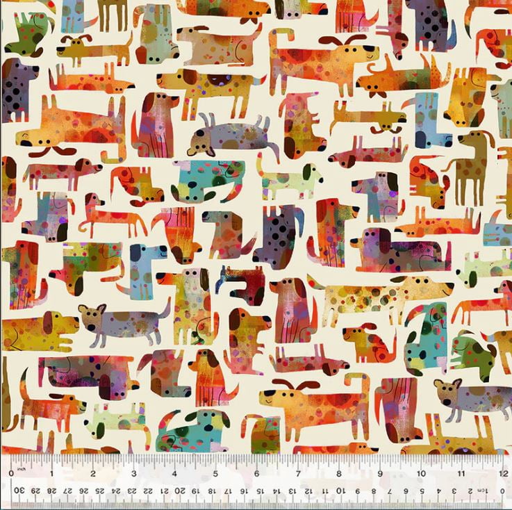 Cotton Fur-ever Friends Colorful Dogs Dog Park Windham Fabrics Ivory Cotton Fabric Print by the Yard (54529D-3)