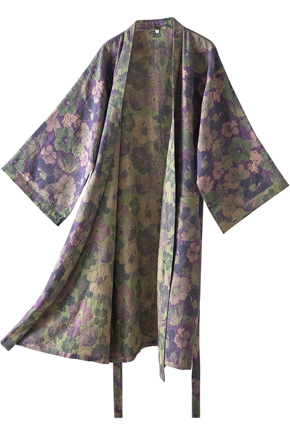 Cotton Gauze Ginkgo Leaf Kimono Robe Long Loose Bathrobe Nightgown for Women X Large Purple Green