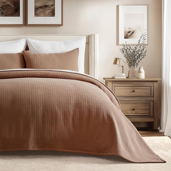 Cotton Gauze King Bedspread, Ultra Soft Prewashed Pick Stitch Matelass Coverlet, Lightweight Textured Oversized King Quilt Bedding Set for All Season, with 2 Shams, Terracotta Clay