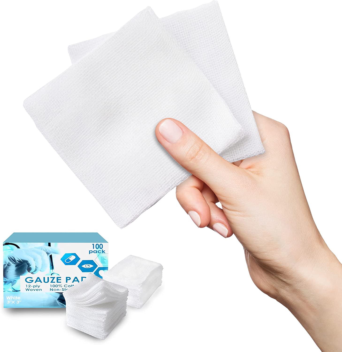 Cotton Gauze Pads Non Sterile 3 x 3 Inch 100 Pack Superior Absorbent