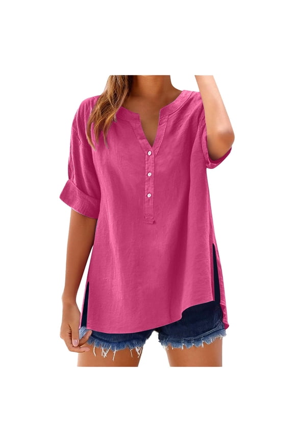 Cotton Gauze Shirt for Women Roll Up Sleeve Half Button Down Split Linen Tunic Tops V Neck Solid Casual Work Blouse