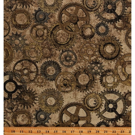 Cotton Gears Cogs & Wheels Mechanical Machinery Gold Metallic Shimmer Steampunk Stonehenge Heavy Metal Cotton Fabric Print by the Yard (23741M-32)