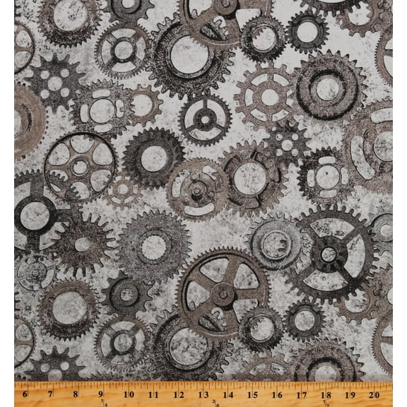 Cotton Gears Cogs & Wheels Mechanical Machinery Pewter Gray with Silver Metallic Shimmer Steampunk Stonehenge Heavy Metal Cotton Fabric Print by the Yard (23741M-95PEWTER)