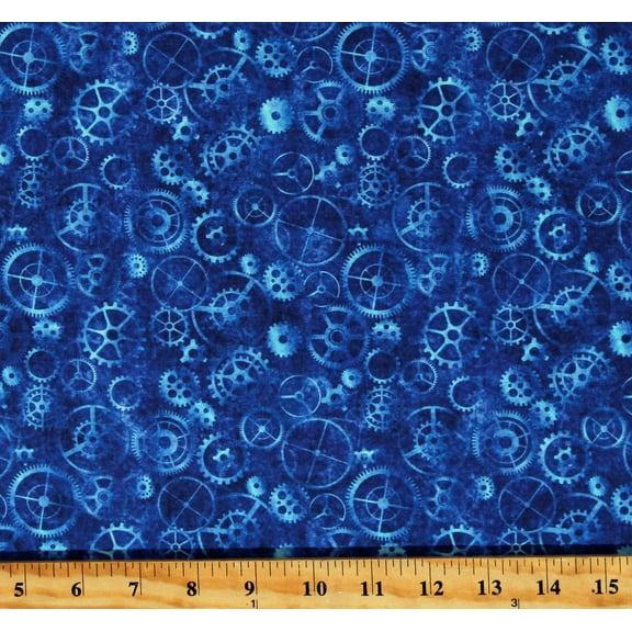 Cotton Gears Trains Mechanics Transportation Vintage-Look Steampunk Locomotion Blue Cotton Fabric Print by the Yard (1649-28674-W)