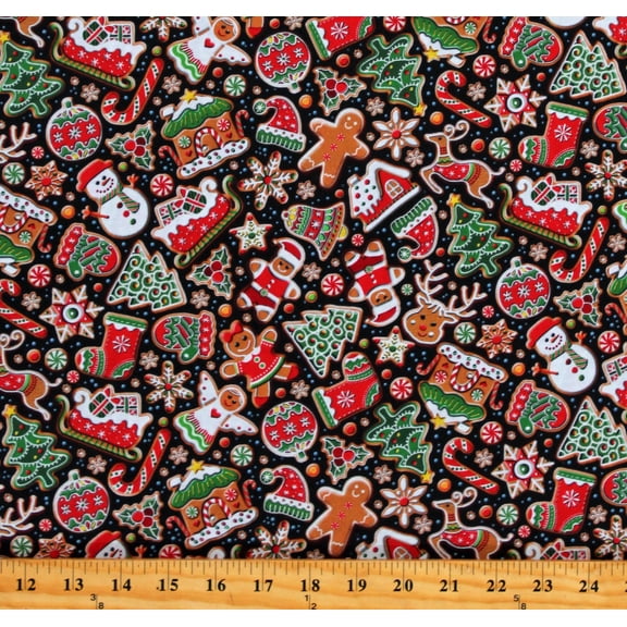Cotton Gingerbread Cookies Christmas Trees Ornaments Reindeer Gingerbread Men Black Cotton Fabric Print by the Yard (OA595321-Black)