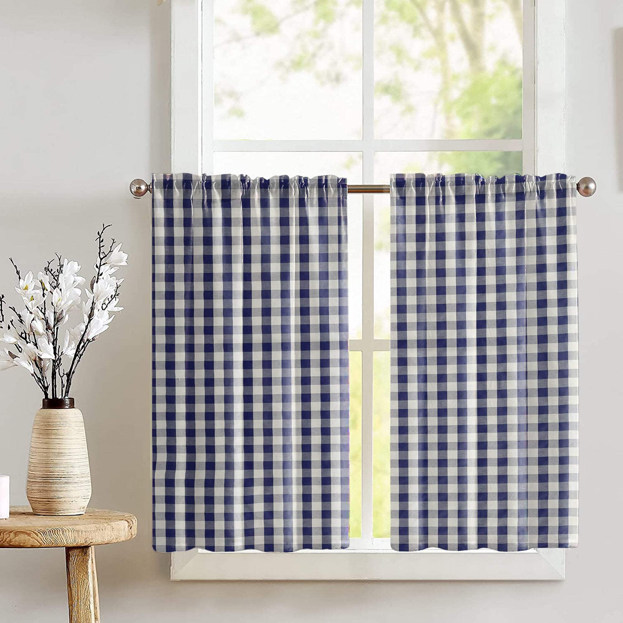 Cotton Gingham Checkered Print Café Tier Curtains Window Treatment Kitchen Home Décor
