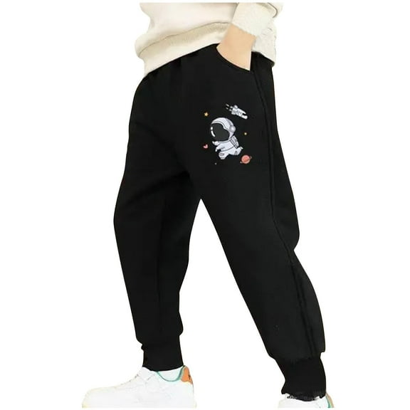 Cotton Girls Boys Plus Size Sweatpants Solid Color Wide Leg Fall Winter Casual Loose Cute Print Trousers with Pockets,Black 2,7 Years