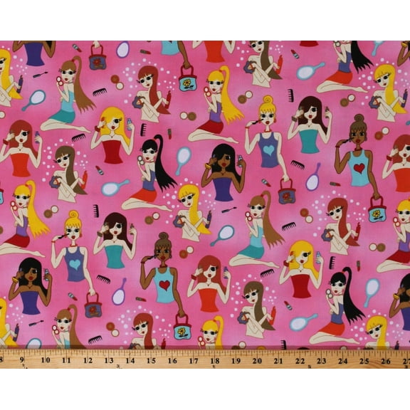 Cotton Girls Hair Makeup Mascara Hair Stylist Cosmetology Fashion Beauty Pink Cotton Fabric Print by the Yard (8188L-3D-Pink)
