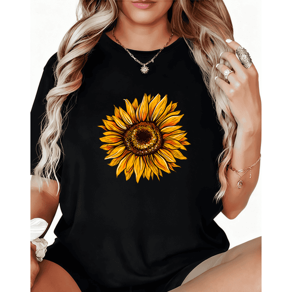 Cotton Glitter Sunflower Graphic Tee T-Shirt Print Top Short Sleeve Round Neck Black S-5XL