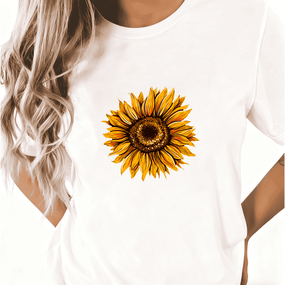 Cotton Glitter Sunflower Graphic Tee T-Shirt Print Top Short Sleeve Round Neck White S-5XL