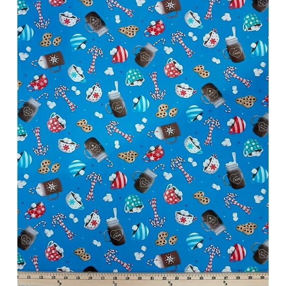 Cotton Gnome Wonderland Winter Christmas Candy Canes Hot Cocoa Chocolate Benartex Cobalt Blue Cotton Fabric Print by the Yard (12821-55)