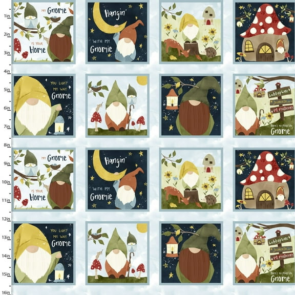 Cotton Gnomes Squares You Light My Way Gnome Gnome Patch Dr Multicolor Cotton Fabric Print by the Yard (19453-BLU-CTN-D)