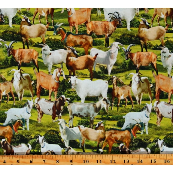 Cotton Goats Farm Animals Pastures Cotton Fabric Print by the Yard (FARM-CD3078-GREEN)