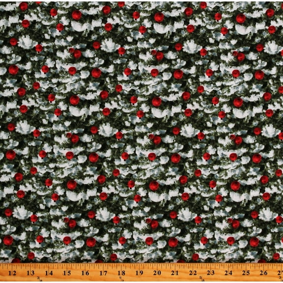 Cotton Golden Christmas Pine Trees Snow Snowy Ornaments Landscapes Winter Holiday Seasonal Green Multicolor Cotton Fabric Print by the Yard (25296-76)