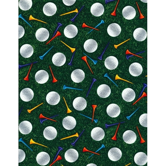 Cotton Golf Balls Tees on Green Grass Cotton Fabric Print by the yard (sport-c8030-green)