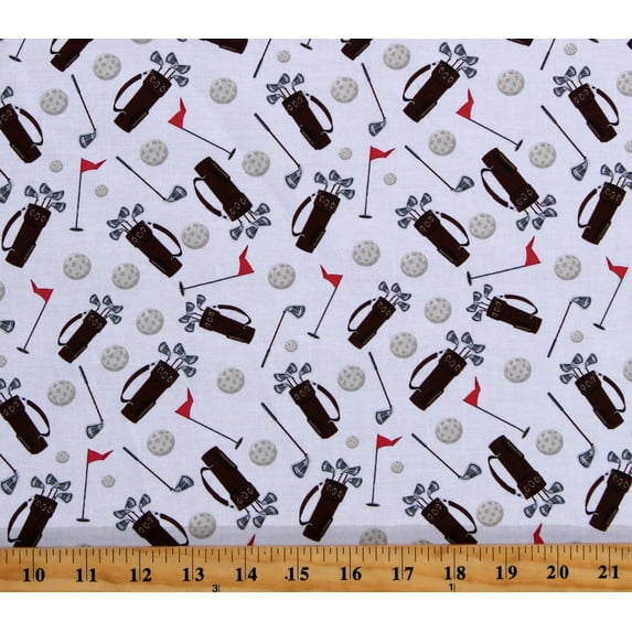 Cotton Golf Golfing Bags Balls Clubs Flags Sports White Cotton Fabric Print by the Yard (116247)