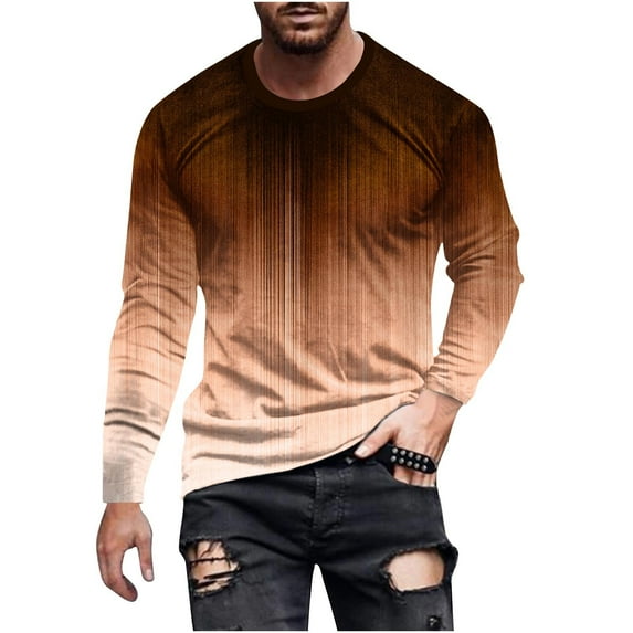 Cotton Gradient Color Long Sleeve Crewneck Tops for Men Plus Size Comfy Pullover 3D Print T Shirts Brown,5XL