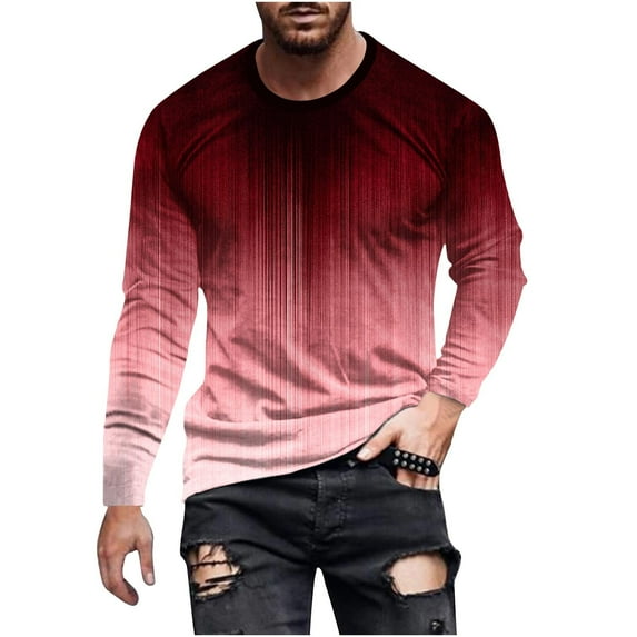 Cotton Gradient Color Long Sleeve Crewneck Tops for Men Plus Size Comfy Pullover 3D Print T Shirts Red,3XL