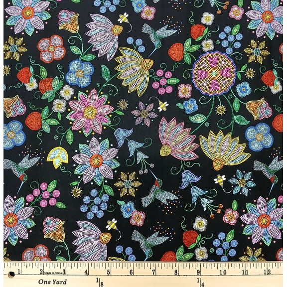 Cotton Grandma's Garden Hummingbird Flowers Strawberries Wildlife Elizabeth Studios Cotton Fabric Print by the Yard (52000BLACK)