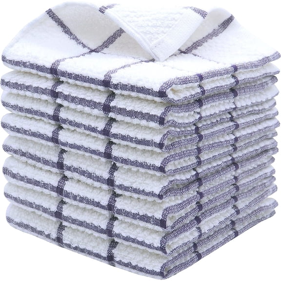 Cotton Grid Dish Cloths, Terry Cleaning Rags, 12 x 12 Inches, Light and Soft, Quick Drying Dish Rags, 8pc/Set (Grey)
