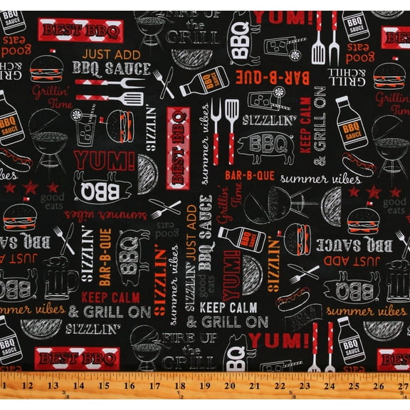 Cotton Grillin and Chillin BBQ Barbeque Charcoal Words Writing Script Outdoors Black Cotton Fabric Print by the Yard (14353-08)
