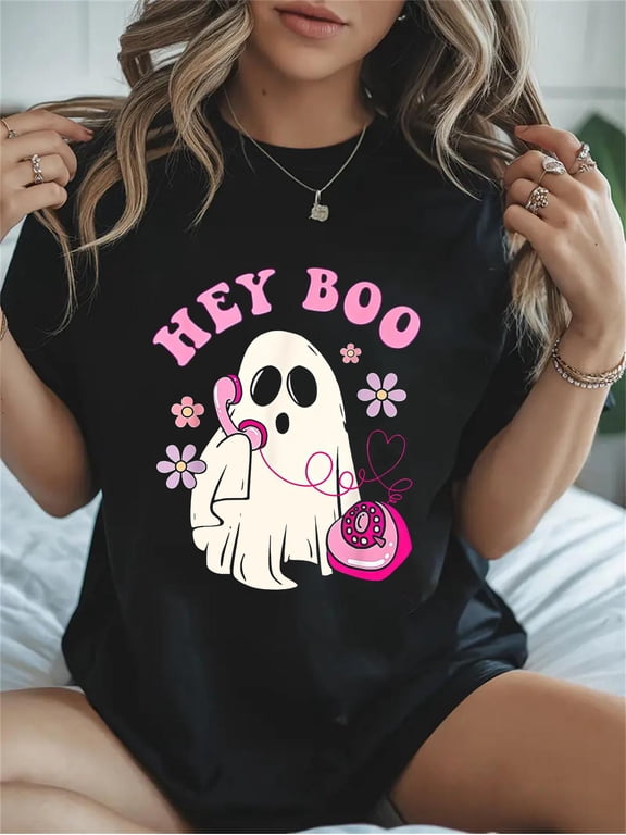 Cotton Groovy Hey Boo Ghost Retro Halloween Costume Men Womens Casual Graphic Tee Lightweight Daily Wear T-Shirt