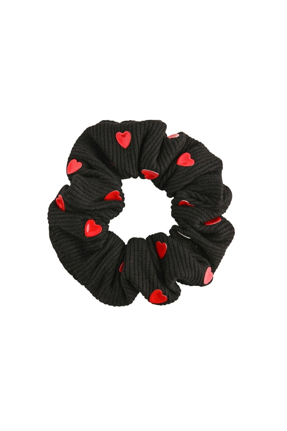 Cotton Hair Scrunchie with Hearts (Black Red Hearts)