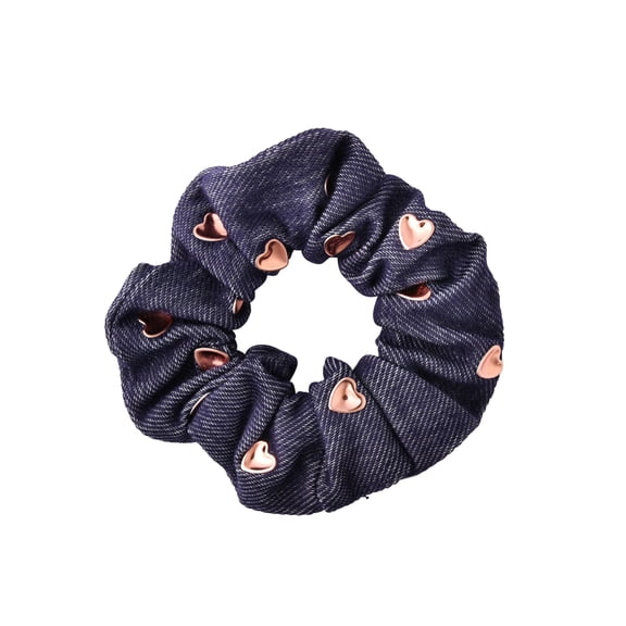 Cotton Hair Scrunchie with Hearts (Dark Denim Pink Hearts)