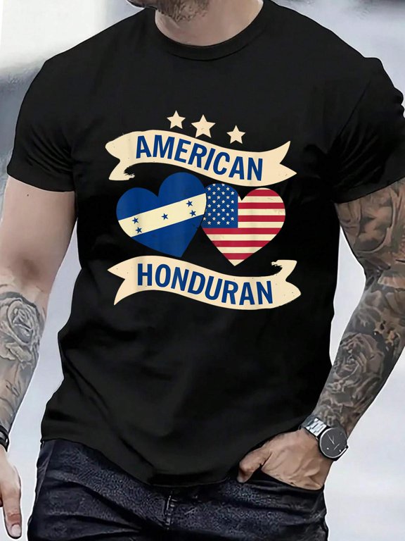 Cotton Half American Half Honduran USA Flag Honduras America T-Shirt Men's Casual Short Sleeve Graphic Tee