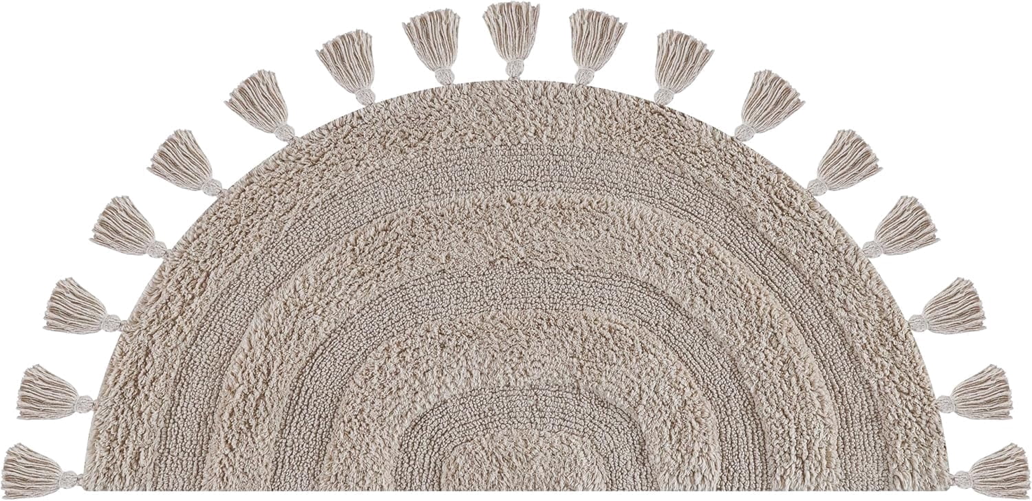 Savi Home Cotton Half Circle Bath Mat with Anti-Skid Backing, Beige, 22" x 36"