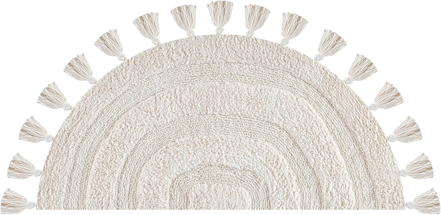 Cotton Half Circle Boho Bathroom Rug with Antiskid 22"x36" Ivory – 100% Cotton Scalloped Bath Mat, Anti‑Skid, Soft & Absorbent Bathroom Rug for Shower, Tub & Entryway