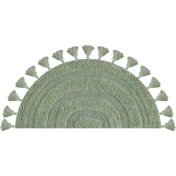 Cotton Half Circle Boho Bathroom Rug with Antiskid 22"x36" SAGE Green – 100% Cotton Scalloped Bath Mat, Anti‑Skid, Soft & Absorbent Bathroom Rug for Shower, Tub & Entryway